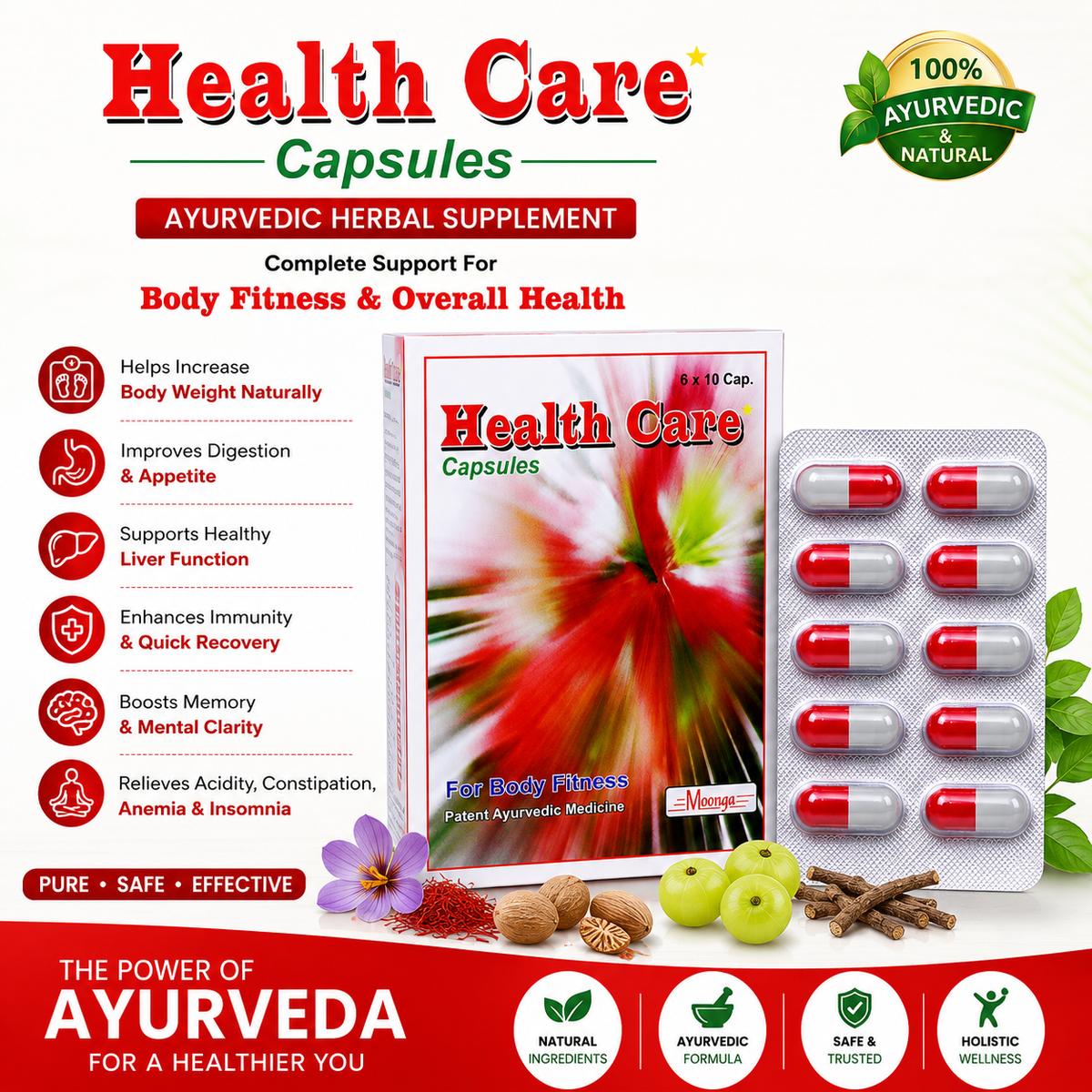 Health Care Capsules – Ayurvedic Supplement for Fitness, Digestion & Memory, Blister Pack (60 Capsules)