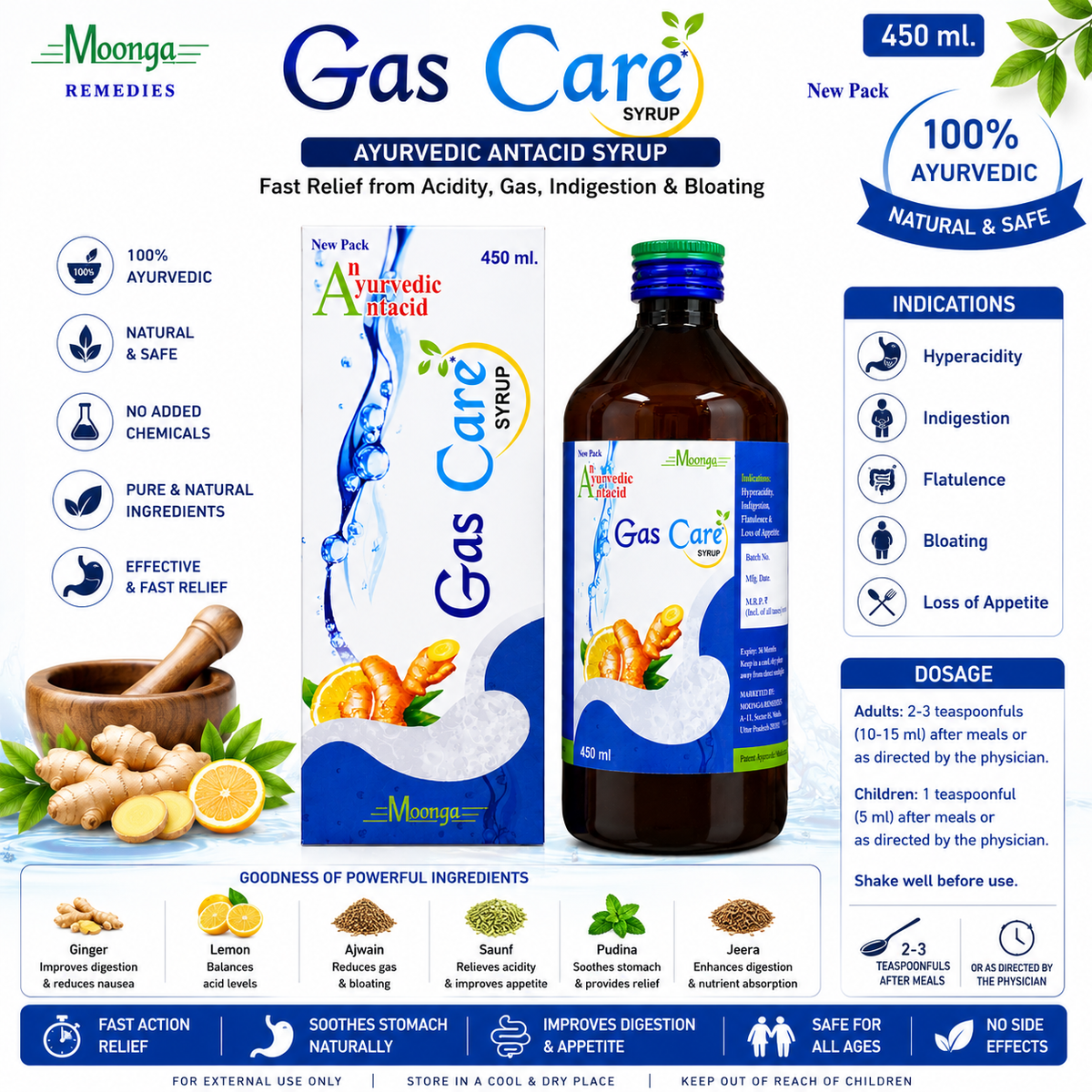 Gas Care Syrup – Ayurvedic Antacid for Gas, Bloating & Acidity (200ml & 450ml)