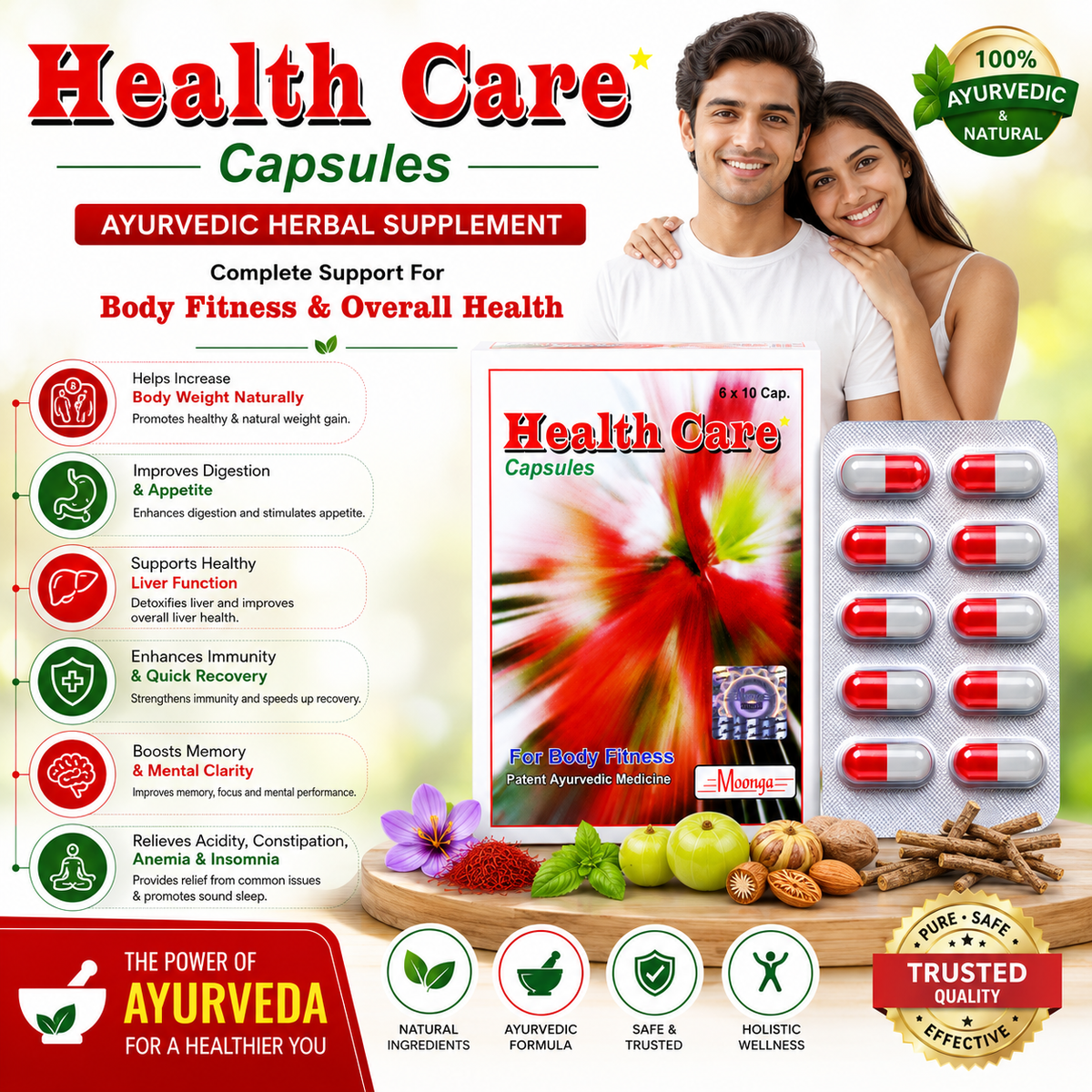 Health Care Capsules – Ayurvedic Supplement for Fitness, Digestion & Memory, Blister Pack (60 Capsules)